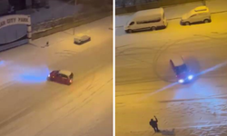 Diyarbakır’da kar üzerinde tehlikeli şov: Otomobille drift attı