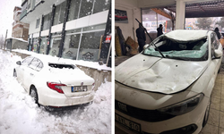 Diyarbakır’da tehlikeli anlar: Çatıda çözülen kar kütlesi otomobilin üzerine düştü