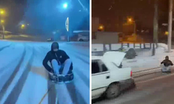 Diyarbakır’da tehlikeli anlar: Aracın arkasına lastik bağlayıp kaydı