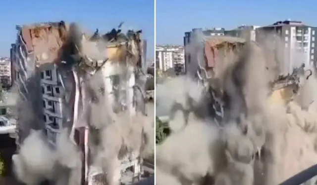 Diyarbakır'da depremde hasar alan bina böyle çöktü