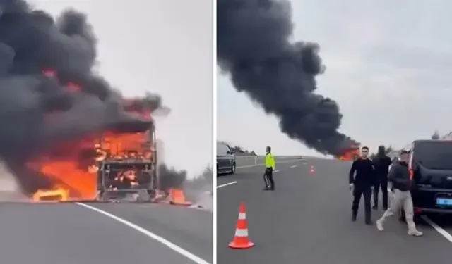 Seyir halindeki yolcu otobüsü alev alev yandı: 25 yolcu son anda kurtuldu
