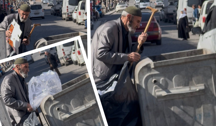 Diyarbakır’da geçim derdi: Yaşlı adam bastonuyla çöp karıştırdı