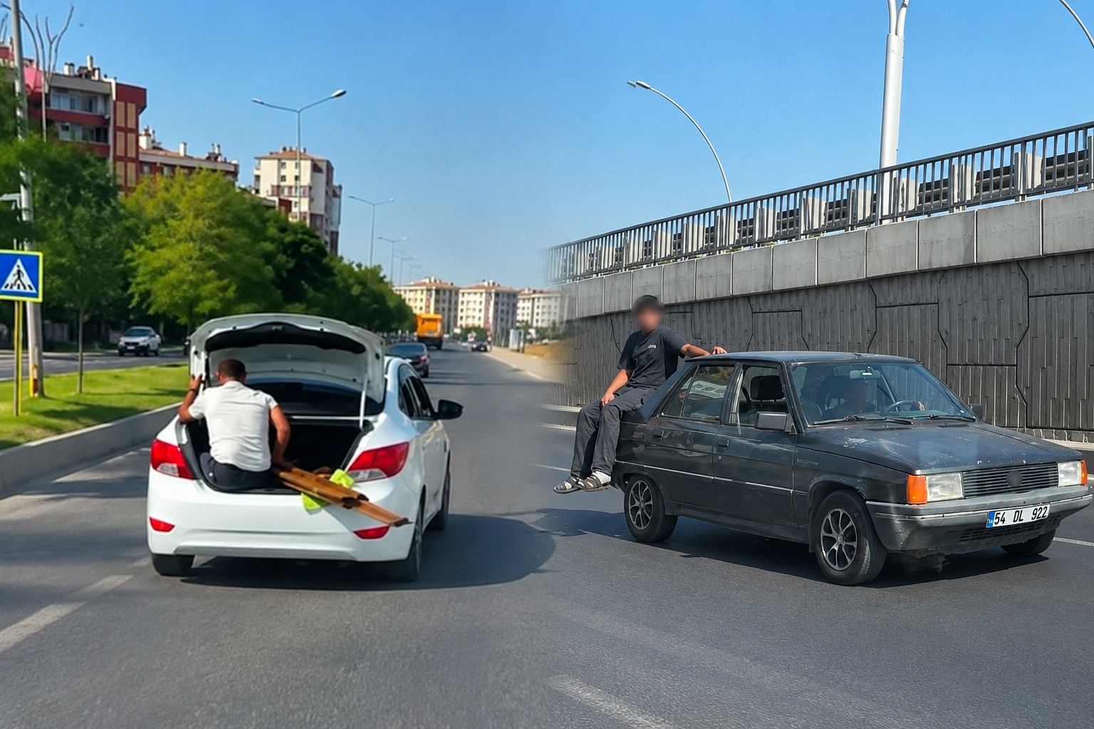 Diyarbakır’da pes dedirten görüntüler: Biri bagaja girdi, diğeri kapısında oturdu