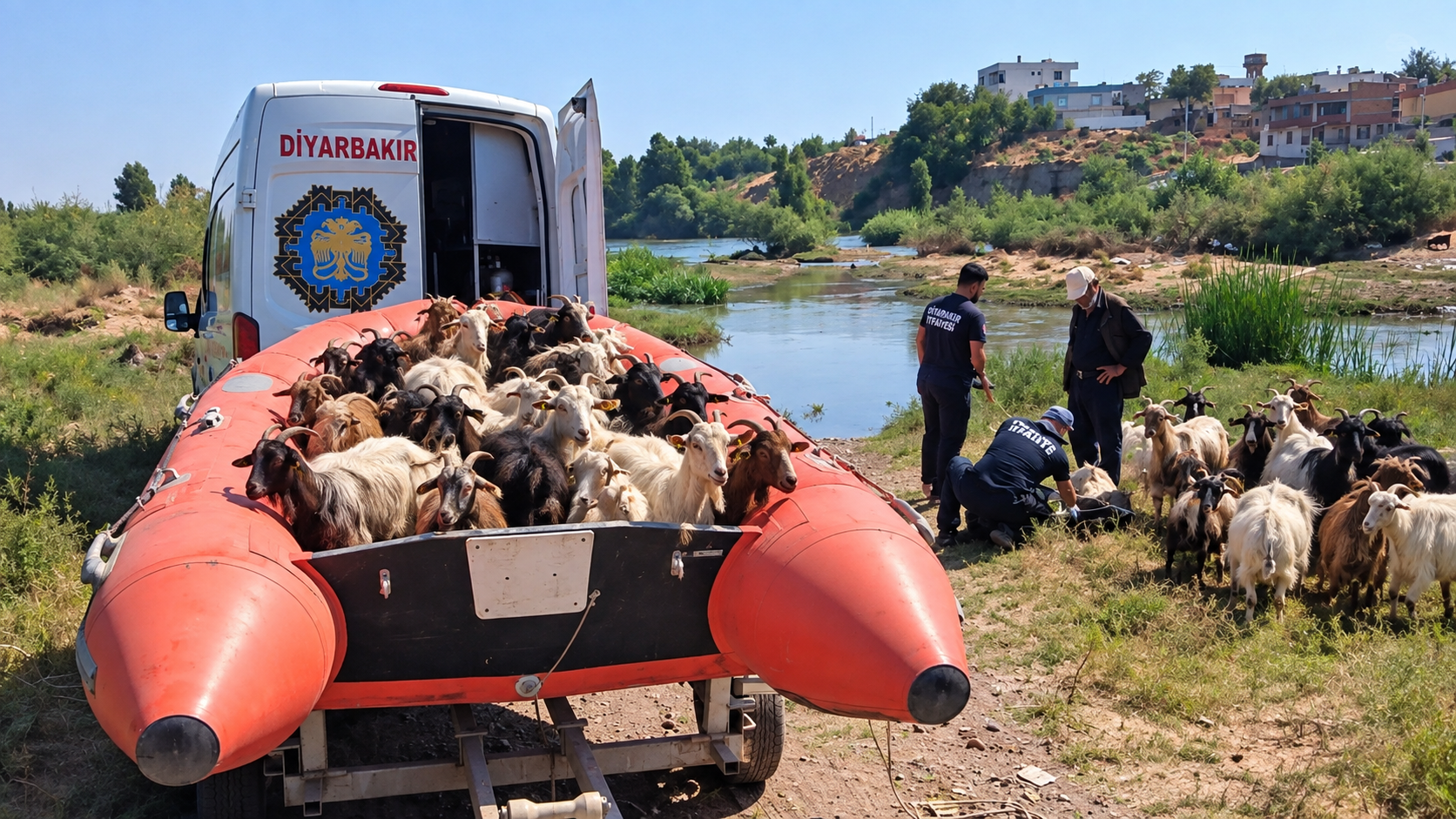Diyarbakır'da Dicle Nehri’nde mahsur kalan keçiler için kurtarma operasyonu